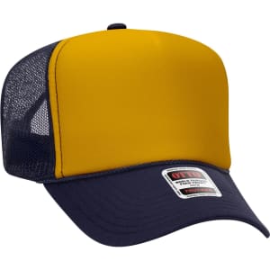 A high crown trucker cap featuring a yellow front and navy mesh back, with a logo on the front.