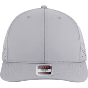 A grey six-panel mid-profile baseball cap with a perforated design and a logo on the front.