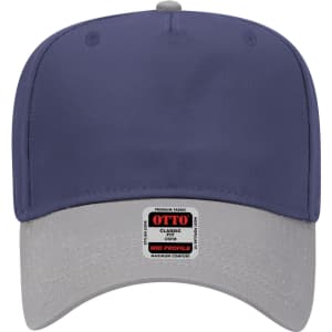A navy blue 5 Panel Mid Crown Baseball Cap with a grey brim and a logo on the front.