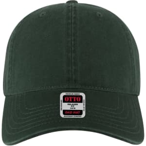 A dark green 6 panel low profile style dad cap featuring a logo on the front and a relaxed fit design.