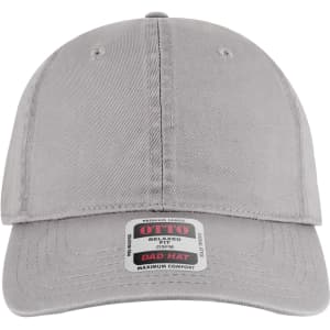 A grey 6 panel low profile dad cap featuring a logo on the front and a relaxed fit design.