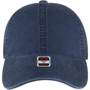 A navy blue 6 panel low profile dad cap featuring a branded tag on the front.