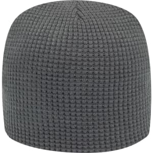 A grey waffle rib knit beanie with a fitted design and a logo on the side.