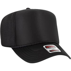 A black 5 panel high crown air mesh back trucker hat with a branded tag on the front.