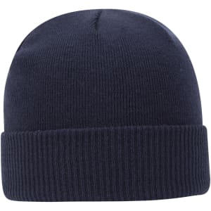 A classic knit beanie in navy blue with a ribbed cuff and a plain upper. It features a branding logo.