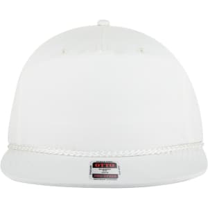 A white 5 panel snapback cap with a logo, featuring a flat brim and decorative chain detailing.
