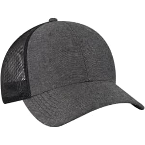 A grey low-profile trucker cap with a black mesh back and a curved brim. It features a logo on the front.