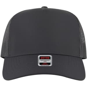 A grey 5 panel mid profile trucker cap featuring mesh sides and a logo on the front.