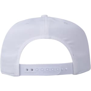 A white 5 panel mid-profile baseball cap featuring an adjustable strap and a logo on the back.