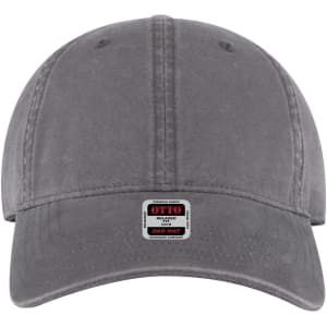 A grey 6 panel low profile dad cap with a front panel and a small logo tag.