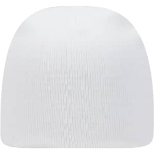 A white classic knit beanie with a ribbed texture and a logo.