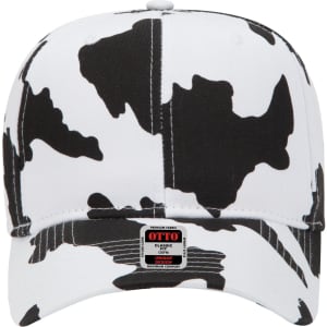A black and white camo-patterned 6-panel mid-profile baseball cap featuring a logo on the front.