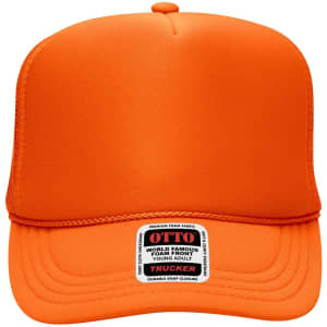 A bright orange 5 Panel High Crown Trucker Cap featuring a branded label on the front and a durable snap closure.