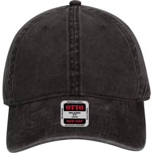 A black, low-profile dad cap featuring a stitched design and a logo label on the front.