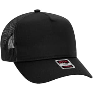 A black 5-panel mid-profile trucker cap with a mesh back and a branded label on the front.