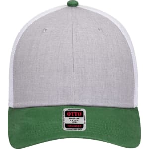 A low profile trucker cap featuring a grey front and green brim, with a logo on the front panel.
