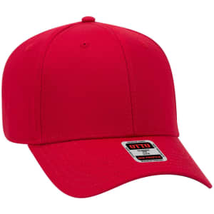 A red 6 panel mid profile baseball cap with a curved brim and a logo on the side.