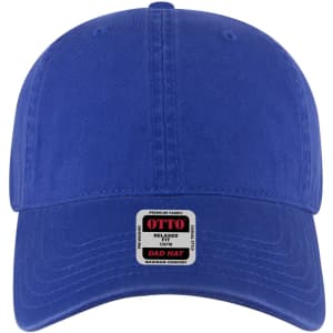 A blue 6 panel low profile dad cap featuring a logo on the front and a relaxed fit design.