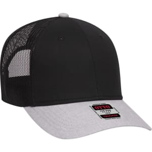 A six-panel low profile trucker cap in black with a grey peak and mesh back. It features a logo on the front.