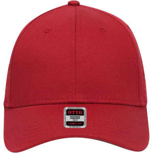 A red six-panel low profile baseball cap with a logo on the front.
