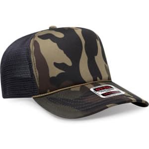 A camo-patterned 5 panel high crown trucker hat with a mesh back and a logo on the front.