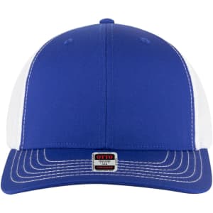 A blue and white 6 panel mid-profile trucker cap featuring a branded logo on the front.