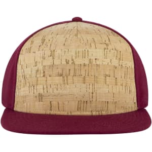 A cap featuring a cork front and maroon fabric sides and brim, complete with a logo.