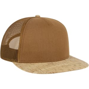 A brown 5 panel trucker cap featuring a cork brim and mesh side panels, with a logo on the front.