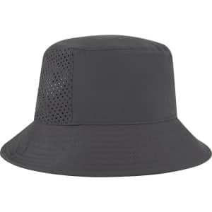 A bucket hat in black with perforated sides for ventilation, featuring a logo.
