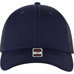 A navy 6-panel low profile trucker cap with mesh sides and a branded label on the front.