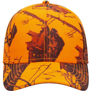 A vibrant orange baseball cap with a camouflage pattern featuring dark branches and leaves, including a logo.