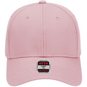 A pink 6 panel low profile baseball cap with a logo on the front.
