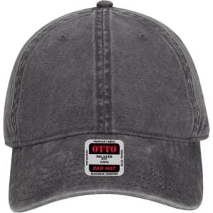 A low profile dad cap in a dark grey fabric with a logo label on the front.
