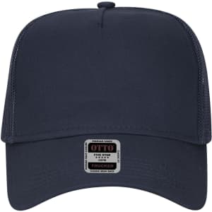A navy blue 5 panel low profile trucker cap with a mesh back and a logo on the front.