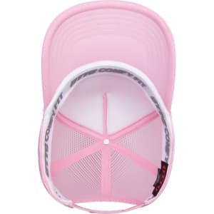 A pink high crown mesh back trucker hat with a plain design and internal branding.