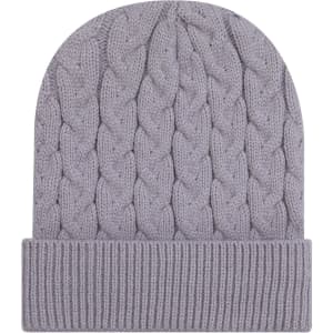 A light purple cable knit beanie with a ribbed knit cuff and a logo.