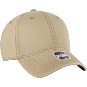 A khaki 6-panel low profile dad cap with a curved brim and an attached logo.