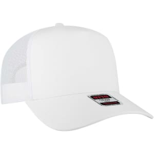 A white 5-panel mid-profile trucker cap with a mesh back and a branded patch on the front.