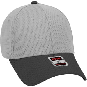 A grey and black 6 panel low profile baseball cap with a logo on the front. The cap features a perforated design.
