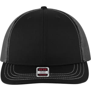 A black trucker cap with a mid-profile design, featuring a grey mesh back and a logo on the front.