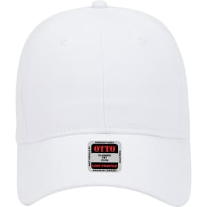 A white 6-panel low profile baseball cap with a logo on the front panel.