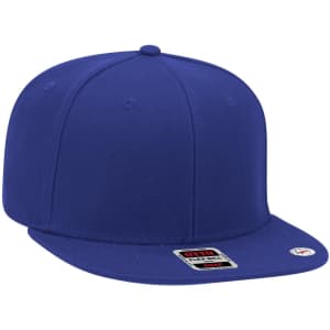 A blue 6-panel mid-profile snapback cap featuring a flat brim and a logo on the side.