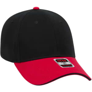 A black and red 6 panel low profile baseball cap featuring a logo on the side.