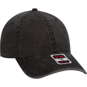 A black six-panel low profile dad cap with a curved brim and a logo on the front.