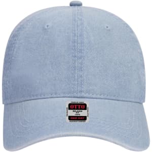 A light blue 6-panel low profile dad cap featuring a logo on the front.