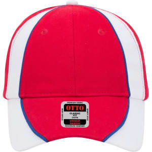 A red and white 6 panel low profile baseball cap featuring a logo on the front.
