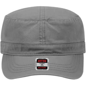 A military-style hat in grey with a structured design and a branded label on the front.