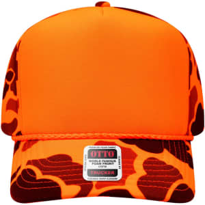 An orange high crown full foam cap with a camo pattern on the brim and a logo on the front.