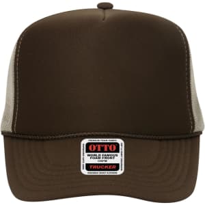 A high crown, brown 5 panel trucker cap with a mesh back and a branded tag on the front.