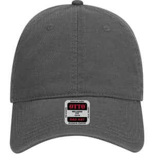 A grey six-panel low profile dad cap featuring a branding label on the front.
